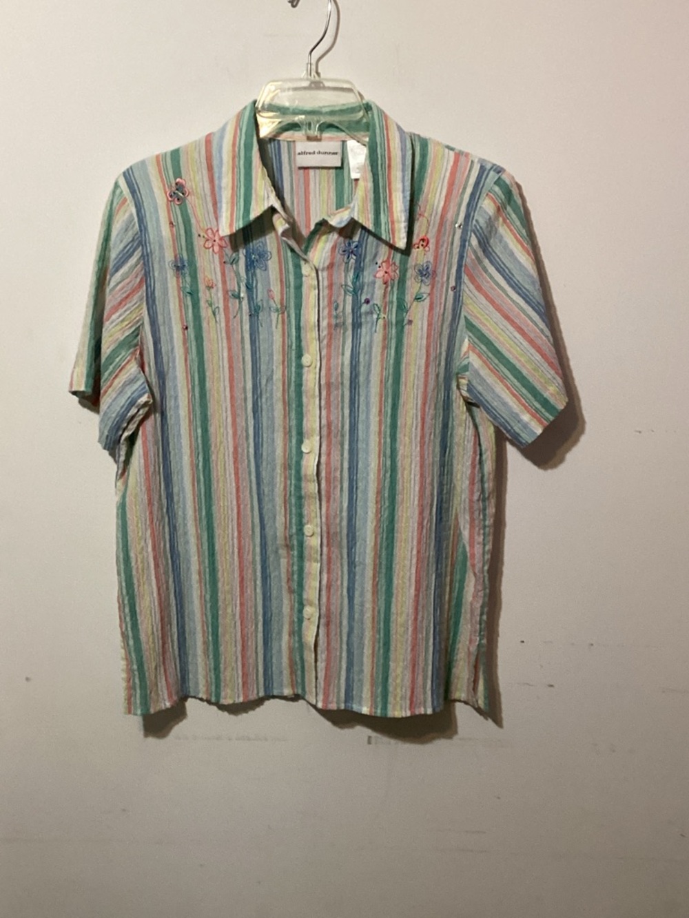 Vintage Alfred Dunner Seersucker Button Down Size 10 Floral Embroidery